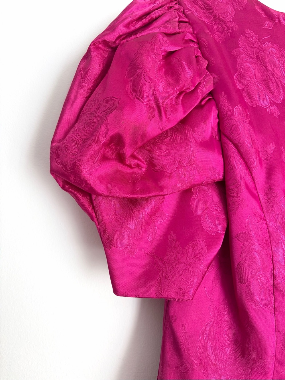 Vintage Fuchsia Rose Jacquard Basque Waist Puff Sleeve Dollcore Dress XS-S - Picture 10 of 12